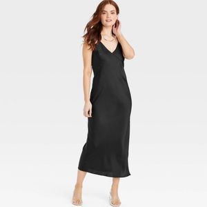 a new day Black Satin Slip Midi Dress Side Slit SZ M